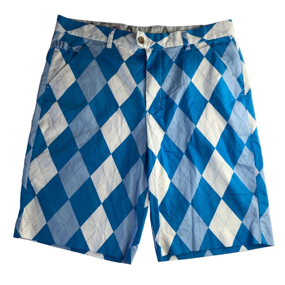 Royal and Awesome Golf Shorts Blue White Argyle Plaid Size men's 36.  Long